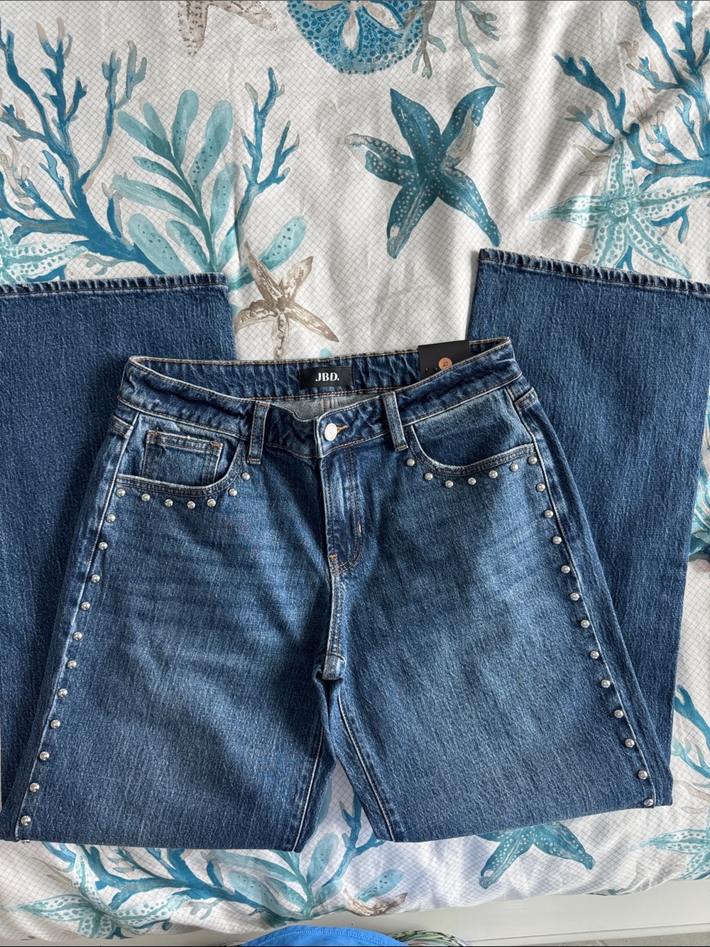 Just Black Denim- Women's Dark Blue Stud-Trim Straight Jeans
